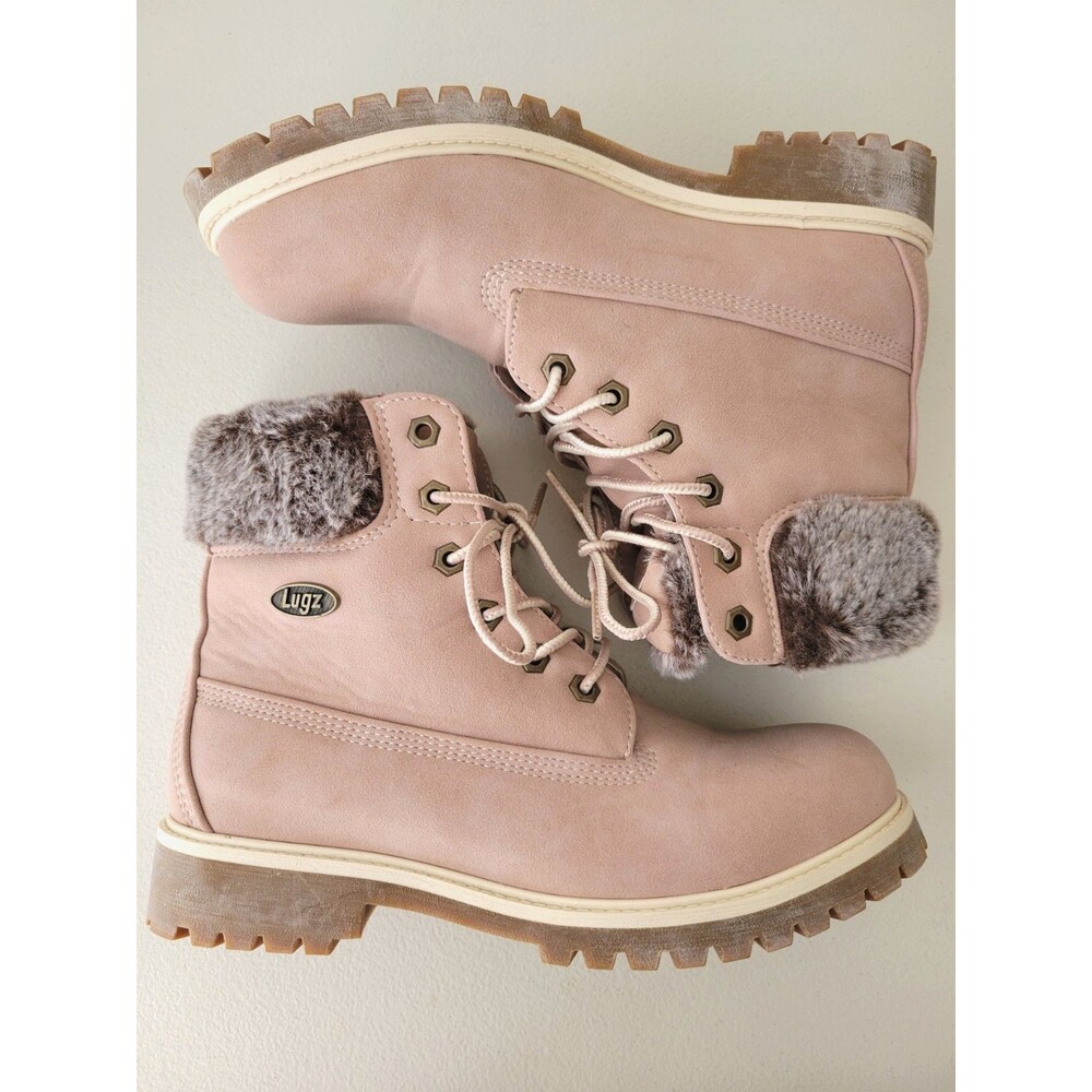 Lugz Empire Hi Fur Womens 8.5 Pink Faux Fur Lace Up Ankle Booties Coquette